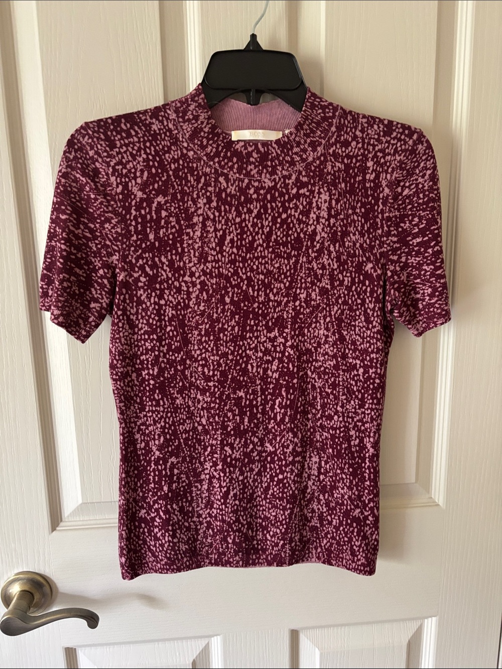 Hugo Boss Short-Sleeve Mock Neck Top in Berry and Light Pink Speckle